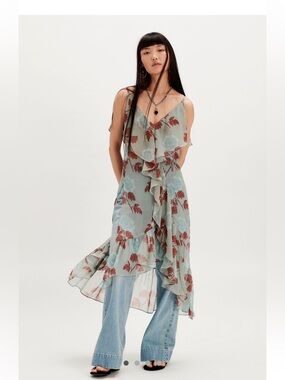Free People Sage Brown Combo Slip Maxi Top Dress with Rust Floral Print XL